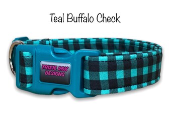 Buffalo check dog collar, teal and black buffalo check, buffalo plaid, plaid dog collar, washable, adjustable, fabric dog collar, teal