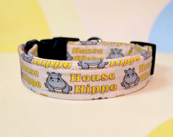 House Hippo Funny handmade dog collar, adjustable side release, washable cotton fabric, webbing core, customizable hardware