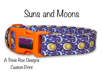 Sun and moon dog collar, celestial, purple, fabric dog collar, cat collar, eco friendly adjustable, washable, side release, purple collar