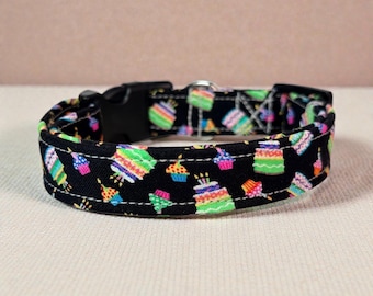 Birthday Cake handmade dog collar, adjustable side release, washable cotton fabric, webbing core, customizable hardware