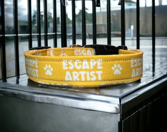 Escape artist dog collar, funny dog collar, side release adjustable collar, washable dog collar, handmade dog collar, Yellow dog collar