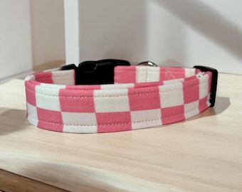 Retro checkered dog collar, girl dog collar, handmade side release collar, washable fabric dog collar, pink and white checkered print
