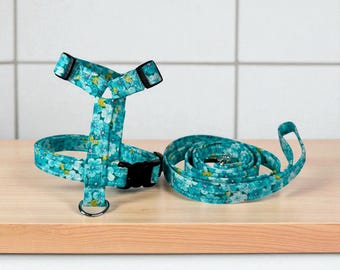 Handmade Turquoise Floral Dog Harness and Leash Set: Standard Roman or Step in harness