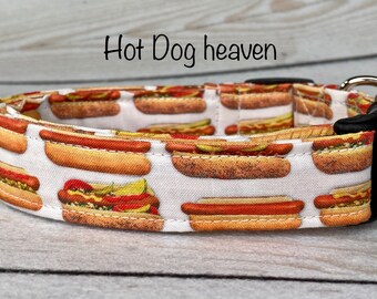 Dog collar, funny dog collar, hot dog collar, hot dog, dog collar with hot dogs, hot dog lover, adjustable dog collar, fabric dog collar