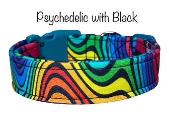 Psychedelic dog collar, rainbow dog collar, adjustable collar, washable collar, side release collar, fabric dog collar, cat collar, waves