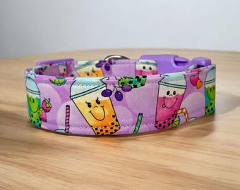 Happy Boba Tea Dog Collar, Handmade Adjustable dog Collar, Washable Fabric dog collar, Pet Accessory, Custom dog collar, side release collar