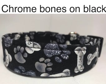 Bone dog collar, black dog collar, dog bones, chrome bones, adjustable collar, washable, side release collar, fabric dog collar, unisex