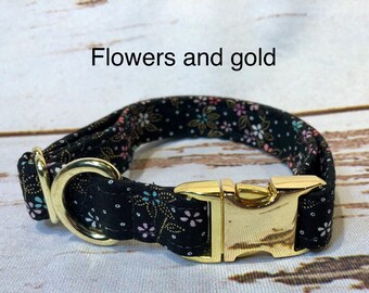 Dog Collar, buckle dog collar, brass, gold buckle, floral dog collar, matching leash, brass hardware, metal hardware, black floral