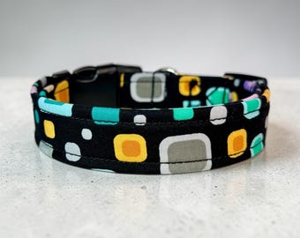 Teal and Purple Geometric handmade dog collar, adjustable side release, washable cotton fabric, webbing core, customizable hardware color
