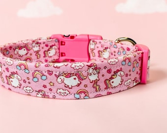 Chubby Unicorn Handmade Dog Collar: Adjustable Side release, washable cotton fabric, webbing core, customizable hardware color