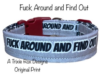 Fuck around and find out dog collar, funny dog collar, obscene dog collar, adjustable, washable, eco friendly, Side release, gray, black