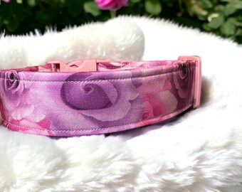 Pink and purple rose handmade floral dog collar, adjustable side release, washable cotton fabric, webbing core, customizable hardware color