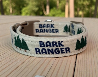 Bark ranger Funny handmade Dog Collar: adjustable side release,  Washable cotton Fabric, webbing core, customizable hardware