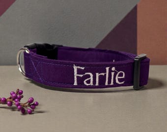 Personalized Embroidered handmade purple dog collar, cotton canvas fabric, washable, adjustable, webbing core, side release custom collar