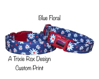 Floral dog collar, blue floral, dog collar, cat collar, side release collar, adjustable collar, washable collar, blue, red, white, flowers