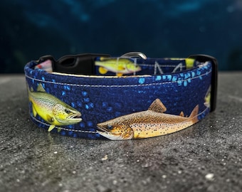 Fish handmade dog collar, funny dog collar, adjustable side release, washable cotton fabric, webbing core, customizable hardware color