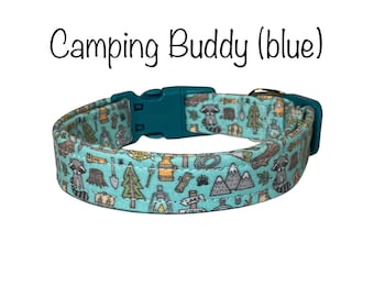 Camping dog collar, dog collar, funny dog collar, camper, eco friendly collar, washable, adjustable dog collar, blue, happy camper collar