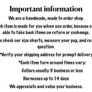 A document titled "Important information" with text about returns, sizing, shipping, and turnaround times, with a dog wearing a collar on the right.