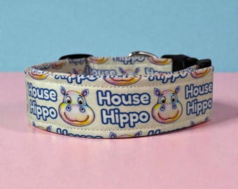 Funny handmade dog collar “House Hippo”: Washable Side release fabric adjustable collar, handmade funny dog collars, side release, washable