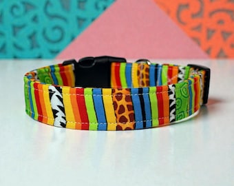 Animal Print striped Handmade dog collar: Washable fabric, adjustable side release, webbing core, customizable hardware, wide dog collar