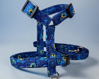 Blue Peacock Feather handmade dog harness and leash set, standard roman or step in, matching leash optional, washable fabric, webbing core