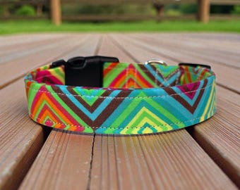 Rainbow Geometric handmade dog collar, adjustable side release, washable cotton fabric, webbing core, customizable hardware