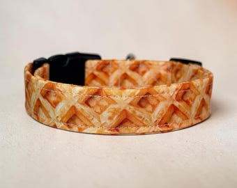 Waffle Funny Food handmade dog collar, adjustable side release, washable cotton fabric, webbing core, customizable hardware color