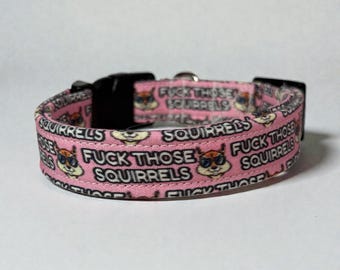 Funny Dog Collar: "Fuck Those Squirrels" - Handmade Washable Cotton handmade funny dog collars, swear word dog collar, obscene pet collar