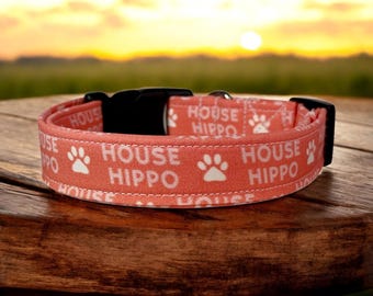 Funny handmade dog collar “House Hippo”: Washable Side release fabric adjustable collar
