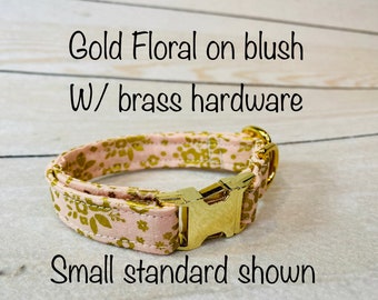 Blush floral dog collar, brass dog collar, side release collar, adjustable collar, brass hardware, blush pink, washable, girl dog collar