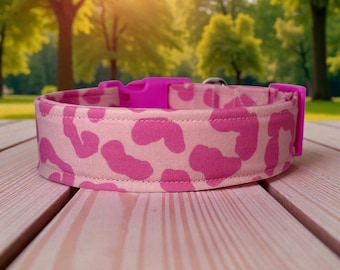 Pink Leopard Print Handmade dog collar,  Washable fabric, adjustable side release, webbing core, customizable hardware, wide dog collar