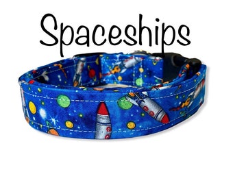 Dog Collar, boy dog collar, spaceship collar, adjustable collar, washable collar, sci fi dog collar, blue, spaceships, galaxy, space, aliens