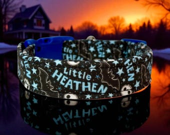 Little Heathen Halloween handmade dog collar: Funny bat and skull dog collar