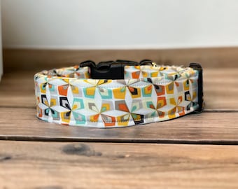 Retro dog collar, cream, mint and orange dog collar, handmade dog collar, side release adjustable collar, washable collar, girl dog collar
