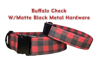 Buffalo Check Dog collar, buffalo plaid, metal hardware, adjustable dog collar, dog collar, side release collar, matte black, red, black