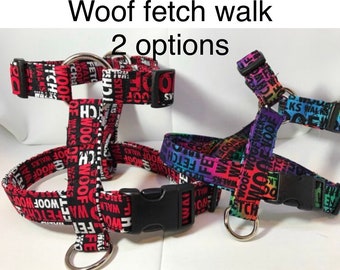 Dog harness, Harness and leash, step in harness, standard harness, adjustable harness, tie dye, red and white, woof, walk, fetch print