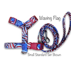 American Flag Dog Harness and Leash Set: Adjustable Step-In or Roman Harness