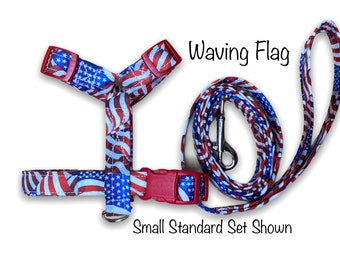 American flag dog harness and leash set, standard Roman dog harness, step in dog harness, adjustable, washable, soft, American flag, harness
