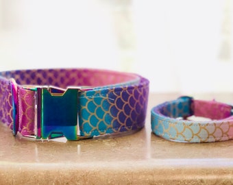 Dog Collar, adjustable dog collar, mermaid dog collar, metal buckle, neo chrome, buckle dog collar, mermaid scales, ombré, mermaid