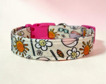 Summer Fun funny handmade dog collar, adjustable side release, washable cotton fabric, webbing core, customizable hardware color