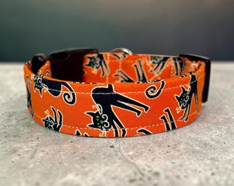Black Cat Halloween Dog Collar: Handmade Adjustable Side release, washable cotton, webbing core, handmade holiday dog collars