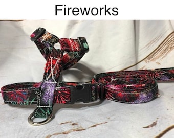 Dog harness, Harness and leash, step in harness, standard harness, dog harness set, adjustable harness, fireworks, patriotic, Fourth of July