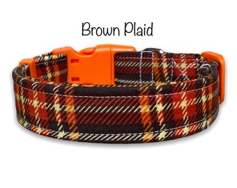 Brown plaid dog collar, fabric dog collar, boy dog collar, plaid, cat collar, adjustable, washable collar, brown, orange, plaid collar