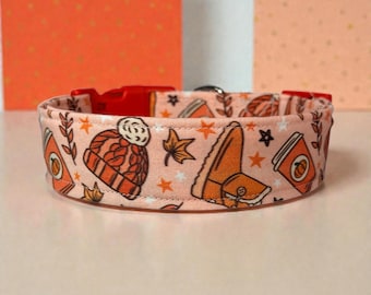 Fall Pumpkin Spice Handmade Funny dog collar: Washable fabric, adjustable side release, webbing core, customizable hardware, Wide dog collar