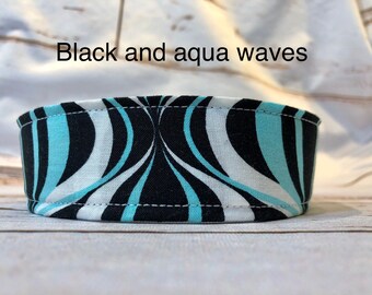 Black and Aqua Waves dog collar, martingale or adjustable