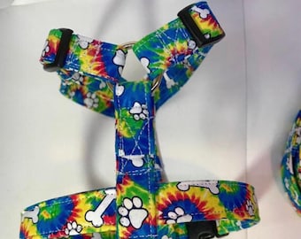 Tie Dye Dog Harness & Leash Set: Hippie Bone Print, Funny Handmade Dog Collar, step in or standard roman