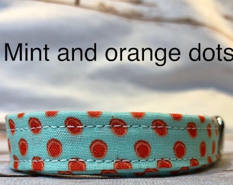 Mint and Orange dots Dog collar, martingale or adjustable