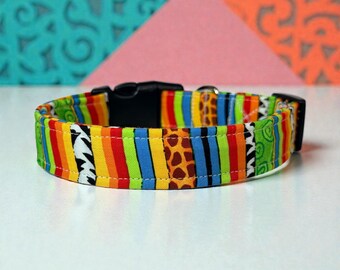 Striped Dog Collar, Washable Cotton Fabric with Adjustable Side Release Buckle