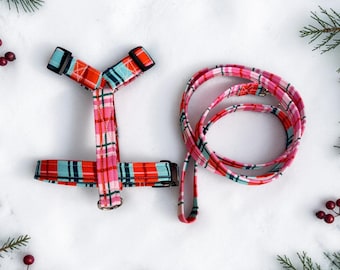 Christmas Present Plaid Dog Harness  Leash Set: Adjustable Step-In or Roman Harness, matching leash optional, washable fabric, webbing core