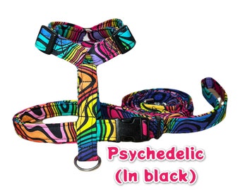 Psychedelic dog harness and leash set, standard Roman dog harness, step in dog harness, matching leash, rainbow, adjustable dog harness
